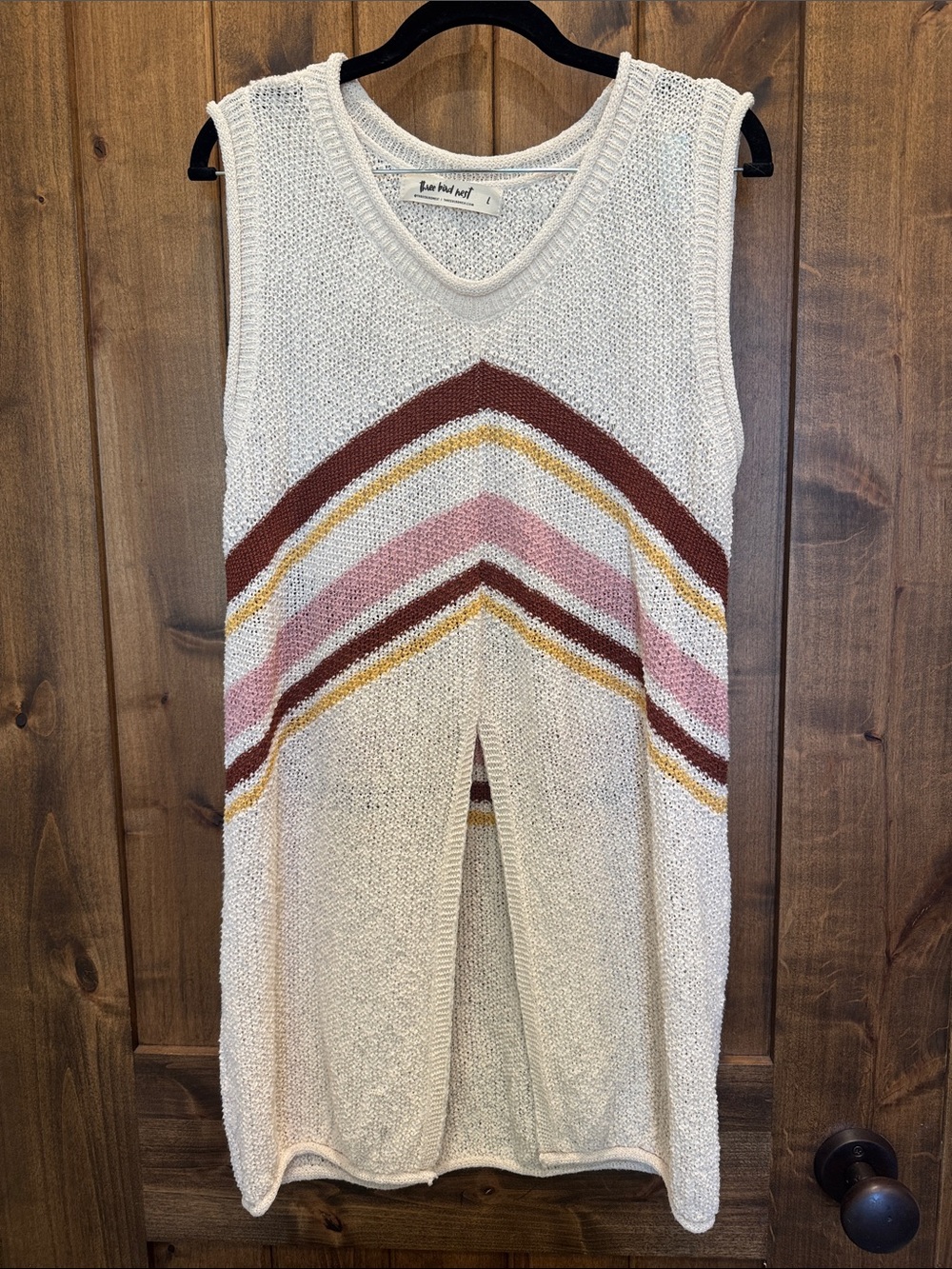 Sleeveless Chevron Knit Midi Sweater in Cream with Pink & Brown Stripes